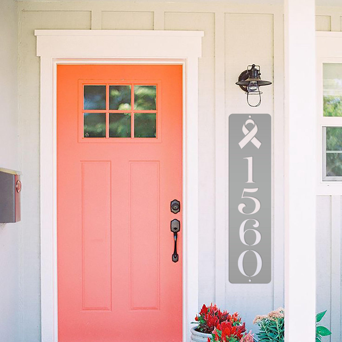 Cancer Ribbon Address Sign, Metal House Numbers, Vertical Street Plaque, Powdered Outdoor House Marker