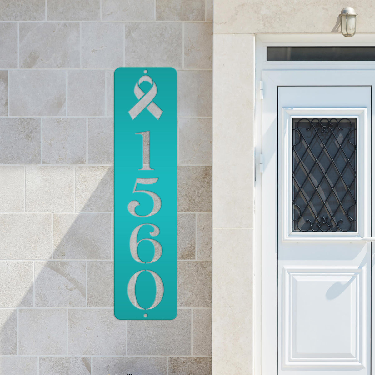 Cancer Ribbon Address Sign, Metal House Numbers, Vertical Street Plaque, Powdered Outdoor House Marker