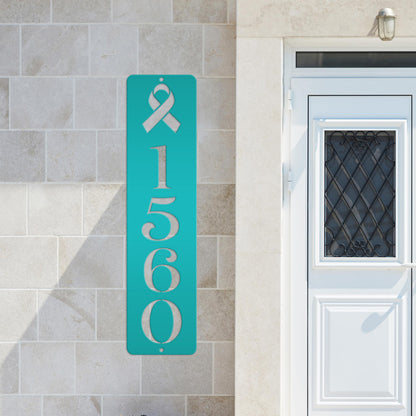Cancer Ribbon Address Sign, Metal House Numbers, Vertical Street Plaque, Powdered Outdoor House Marker