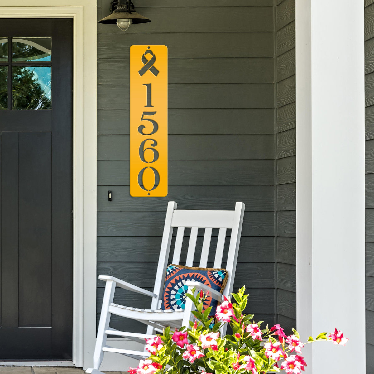 Cancer Ribbon Address Sign, Metal House Numbers, Vertical Street Plaque, Powdered Outdoor House Marker