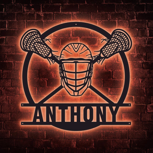Personalized Lacrosse LED Wall Art - Custom Metal Sign with Helmet & Sticks, Sports Room Decor, Gift for Teen Athletes or Fans