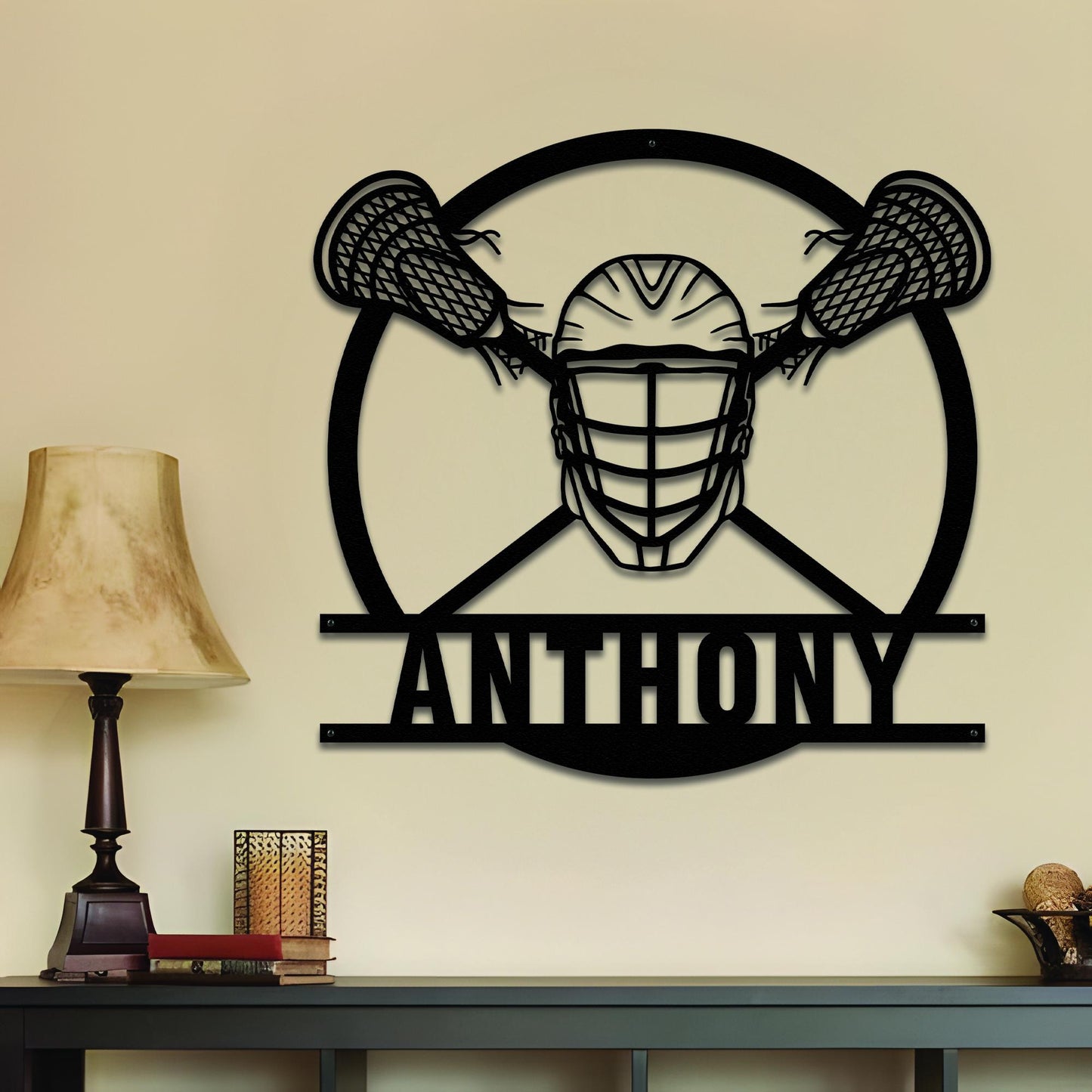Personalized Lacrosse LED Wall Art - Custom Metal Sign with Helmet & Sticks, Sports Room Decor, Gift for Teen Athletes or Fans