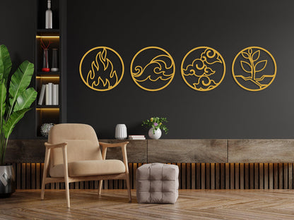 Four Elements Metal Wall Art Set of 4, Four Elements Symbol, Fire Water Air Earth Wall Sign, Home Office Wall Decor, Home Gift, Nature Decor