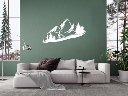 Mountain Tree and Cyclist Wall Art, Metal Bikers Wall Art, Home Decor and Gifts, Mountain Bikers Deco, Extreme Sport Lovers Gift,Outdoor Art