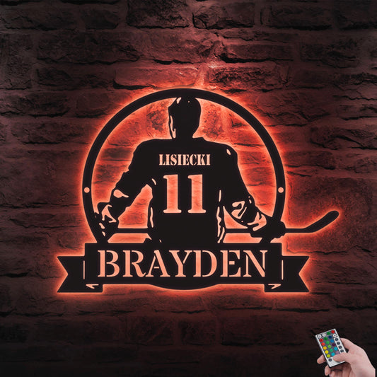 Personalized Hockey Metal Sign with LED Light - Custom Name Wall Art for Hockey Room, Man Cave, or Sports Room, Gift for Him