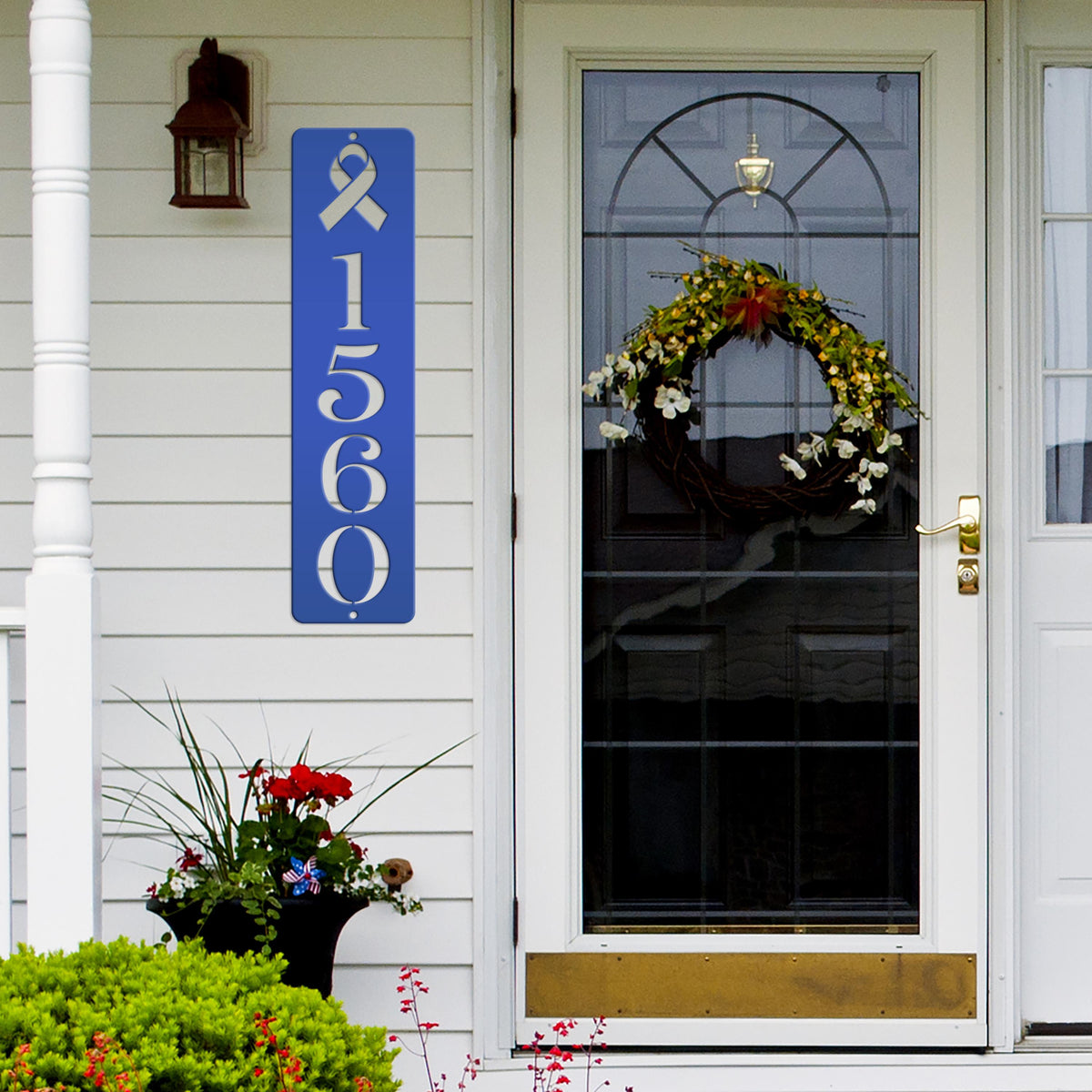 Cancer Ribbon Address Sign, Metal House Numbers, Vertical Street Plaque, Powdered Outdoor House Marker