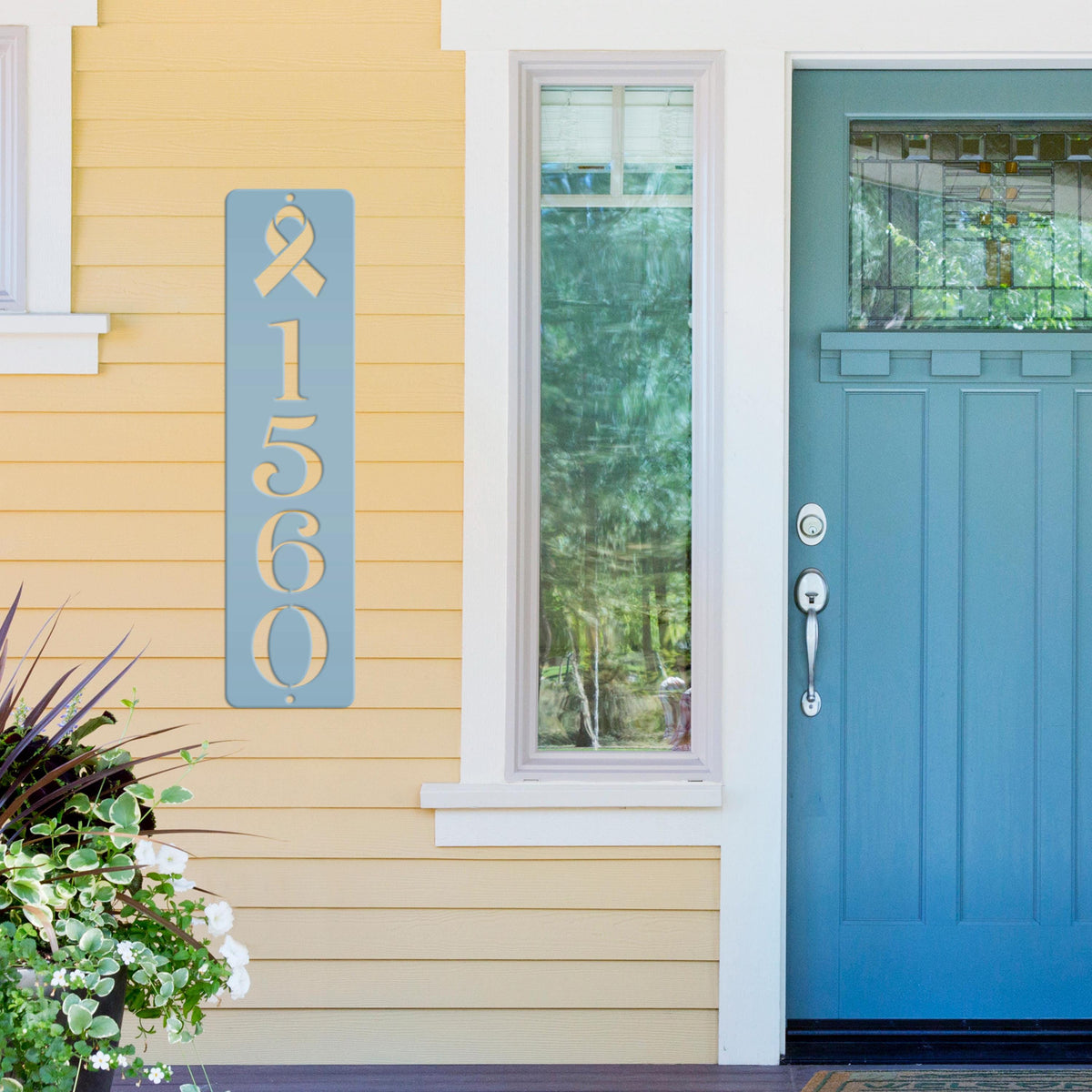 Cancer Ribbon Address Sign, Metal House Numbers, Vertical Street Plaque, Powdered Outdoor House Marker
