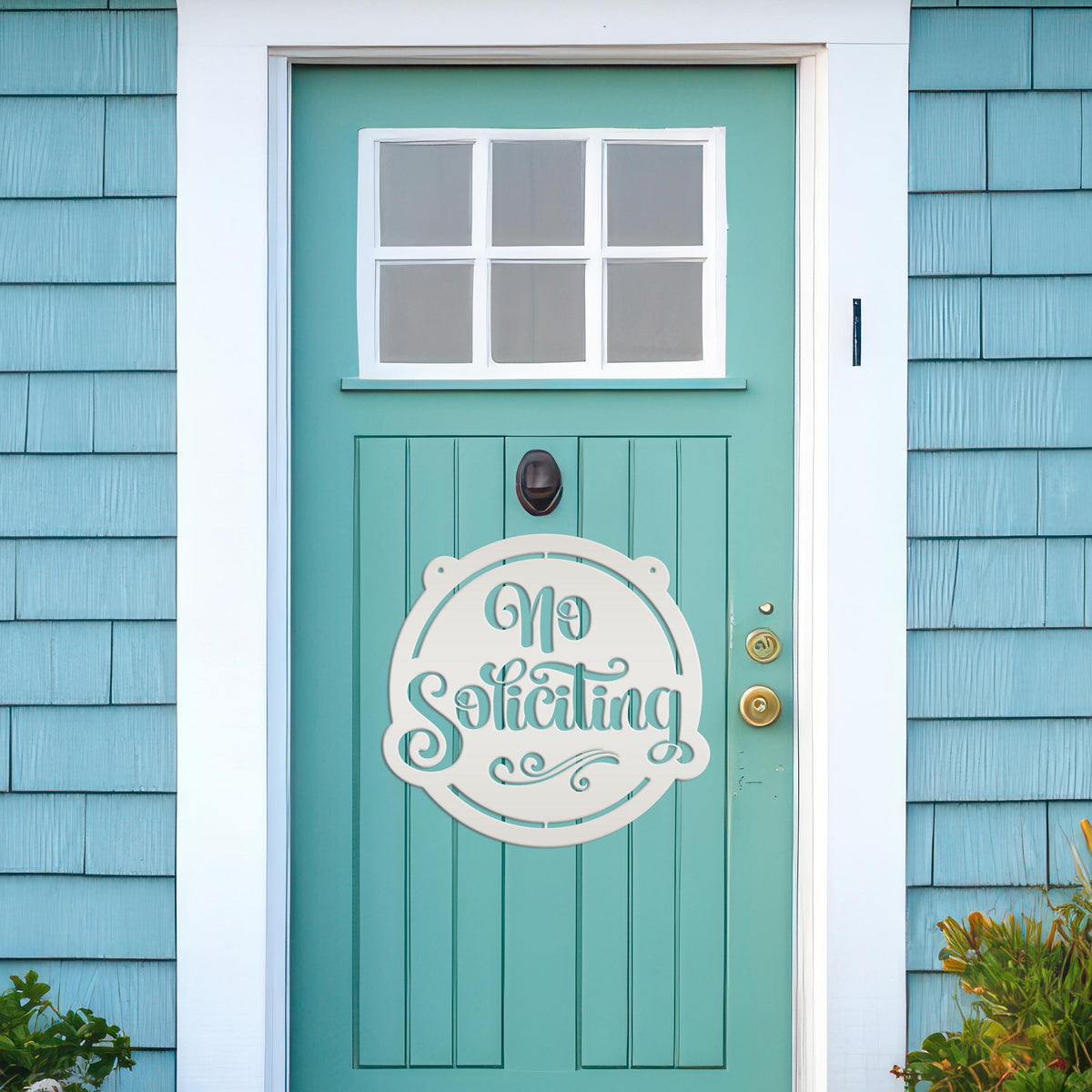 No Soliciting Metal Sign - Unique Front Door Decor - Outdoor Welcome Wall Hanging - Entryway Decoration - Housewarming Gift - Laser Cut Sign