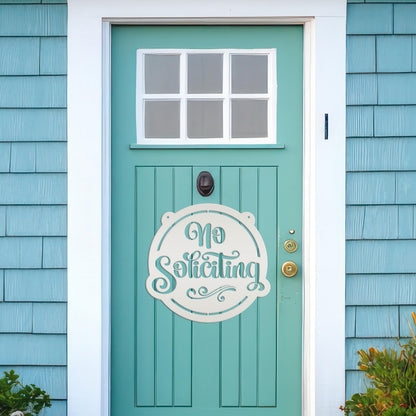 No Soliciting Metal Sign - Unique Front Door Decor - Outdoor Welcome Wall Hanging - Entryway Decoration - Housewarming Gift - Laser Cut Sign