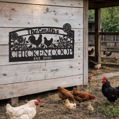 Personalized Chicken Coop Metal Sign with Sunflowers, Custom Farmhouse Decor, Rustic Backyard Farm Sign Gift