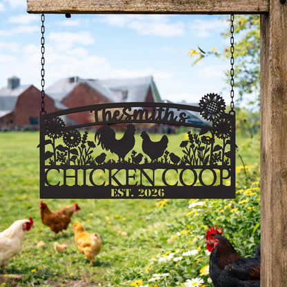 Personalized Chicken Coop Metal Sign with Sunflowers, Custom Farmhouse Decor, Rustic Backyard Farm Sign Gift
