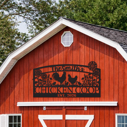 Personalized Chicken Coop Metal Sign with Sunflowers, Custom Farmhouse Decor, Rustic Backyard Farm Sign Gift