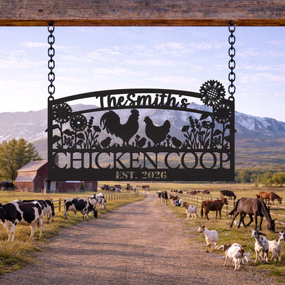 Personalized Chicken Coop Metal Sign with Sunflowers, Custom Farmhouse Decor, Rustic Backyard Farm Sign Gift