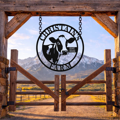 Personalized Dairy Cow Farm Metal Sign, Custom Ranch Name Wall Decor, Rustic Barn Farmhouse Gift