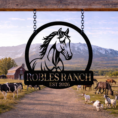 Personalized Horse Ranch Metal Sign, Custom Farm Name Wall Art, Rustic Western Barn Decor, Equestrian Lover Gift Sign