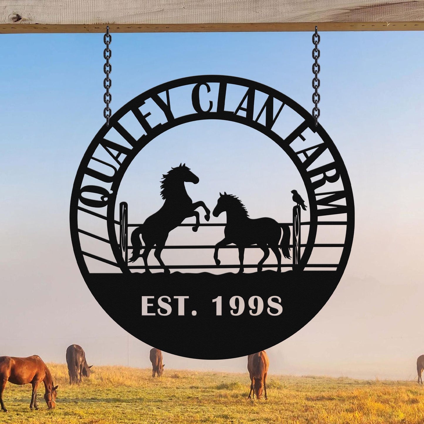 Rustic Horse Farm Metal Wall Sign, Personalized Ranch Name Decor, Western Barn Equestrian Lover Gift Plaque
