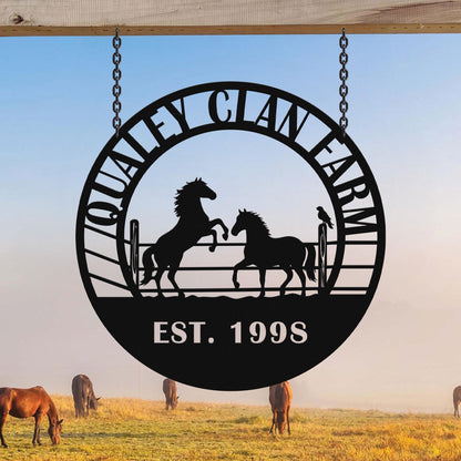 Rustic Horse Farm Metal Wall Sign, Personalized Ranch Name Decor, Western Barn Equestrian Lover Gift Plaque