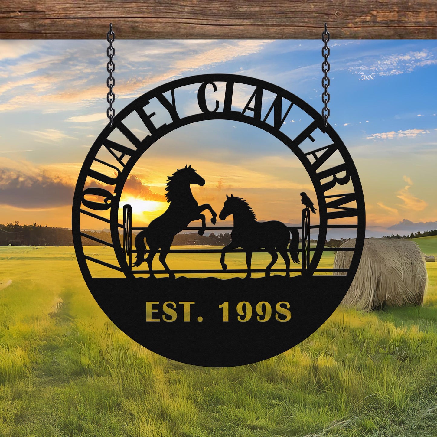Rustic Horse Farm Metal Wall Sign, Personalized Ranch Name Decor, Western Barn Equestrian Lover Gift Plaque