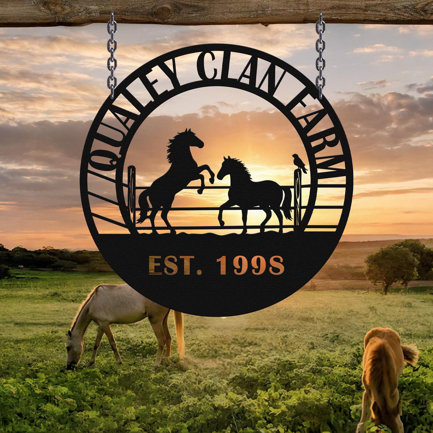 Rustic Horse Farm Metal Wall Sign, Personalized Ranch Name Decor, Western Barn Equestrian Lover Gift Plaque
