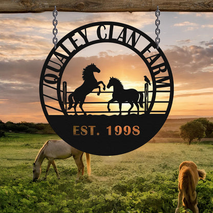 Rustic Horse Farm Metal Wall Sign, Personalized Ranch Name Decor, Western Barn Equestrian Lover Gift Plaque