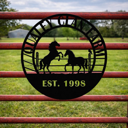 Rustic Horse Farm Metal Wall Sign, Personalized Ranch Name Decor, Western Barn Equestrian Lover Gift Plaque