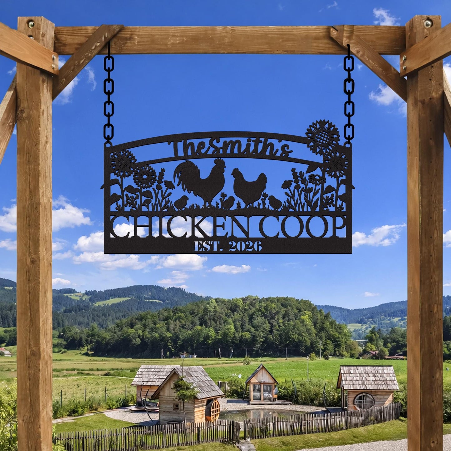 Personalized Chicken Coop Metal Sign with Sunflowers, Custom Farmhouse Decor, Rustic Backyard Farm Sign Gift