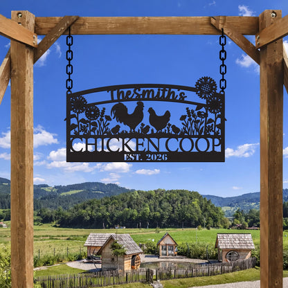 Personalized Chicken Coop Metal Sign with Sunflowers, Custom Farmhouse Decor, Rustic Backyard Farm Sign Gift
