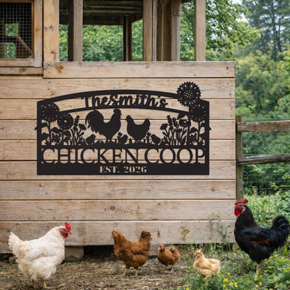 Personalized Chicken Coop Metal Sign with Sunflowers, Custom Farmhouse Decor, Rustic Backyard Farm Sign Gift