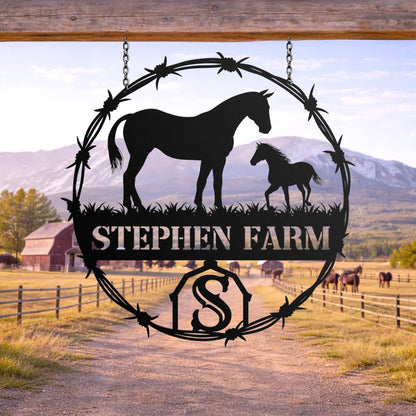 Personalized Horse Ranch Metal Sign, Custom Farm Name Wall Decor, Rustic Western Barn Equestrian Gift