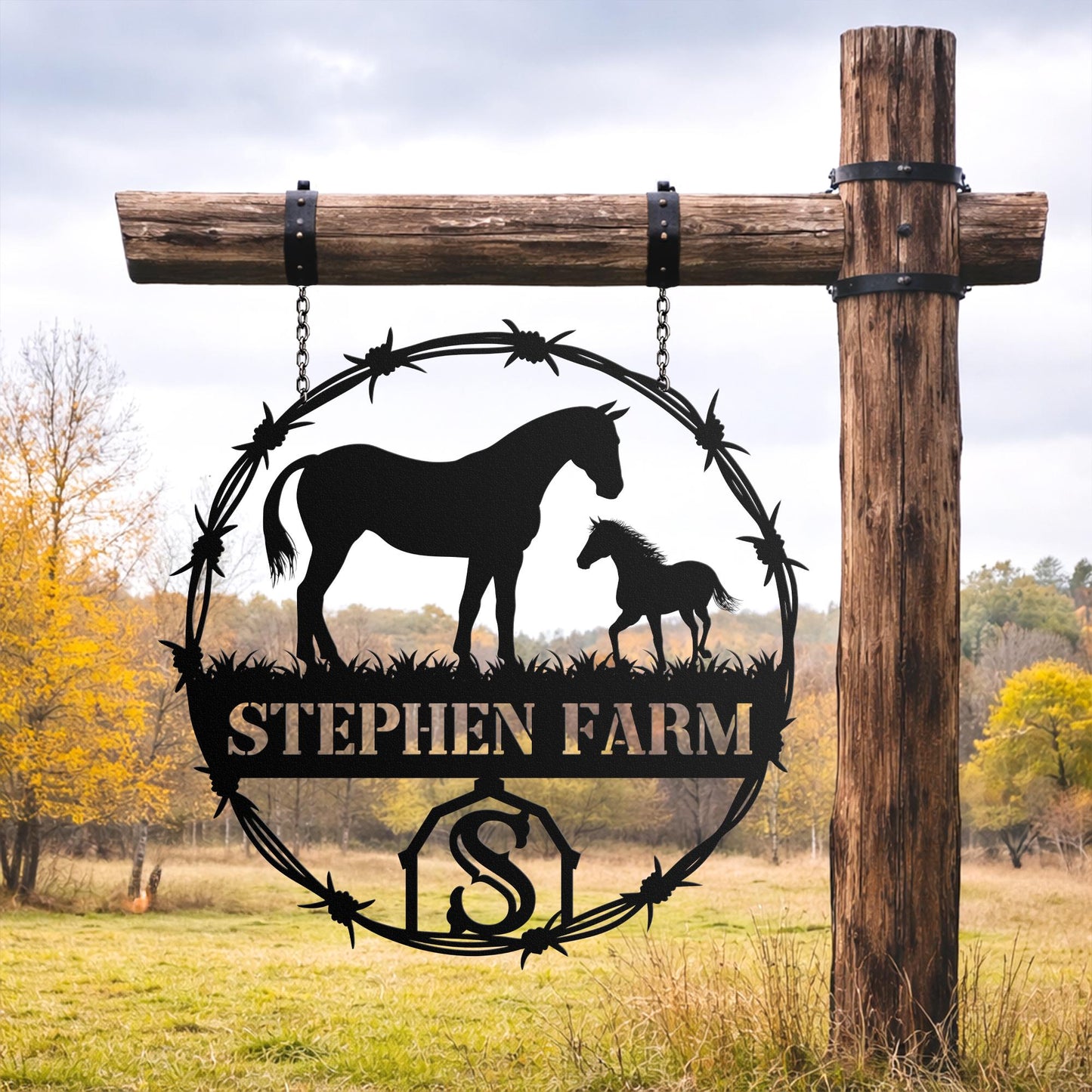Personalized Horse Ranch Metal Sign, Custom Farm Name Wall Decor, Rustic Western Barn Equestrian Gift