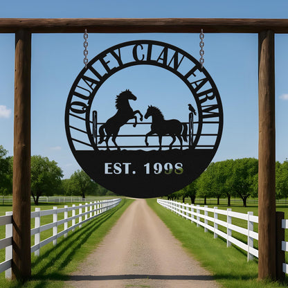 Rustic Horse Farm Metal Wall Sign, Personalized Ranch Name Decor, Western Barn Equestrian Lover Gift Plaque