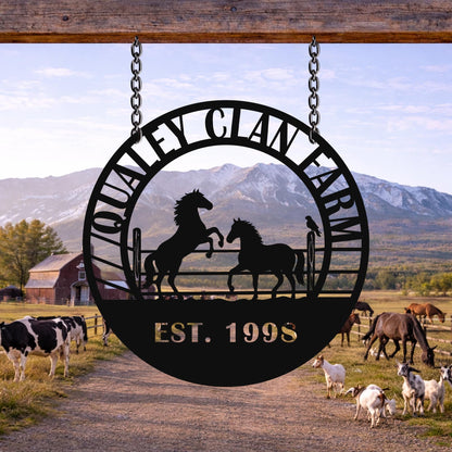 Rustic Horse Farm Metal Wall Sign, Personalized Ranch Name Decor, Western Barn Equestrian Lover Gift Plaque