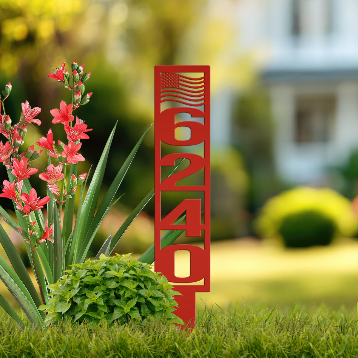 House Numbers Yard Stake, Metal American Flag Address Sign- Patriotic Street Address Lawn Decor,
