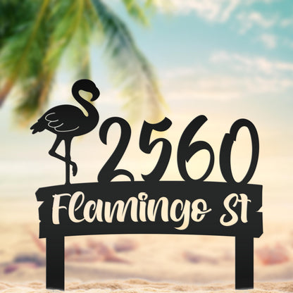 Flamingo Address Sign, Metal Tropical Yard Stake with Street Address and House Numbers, Front Yard Driveway Marker, Housewarming Gift Idea