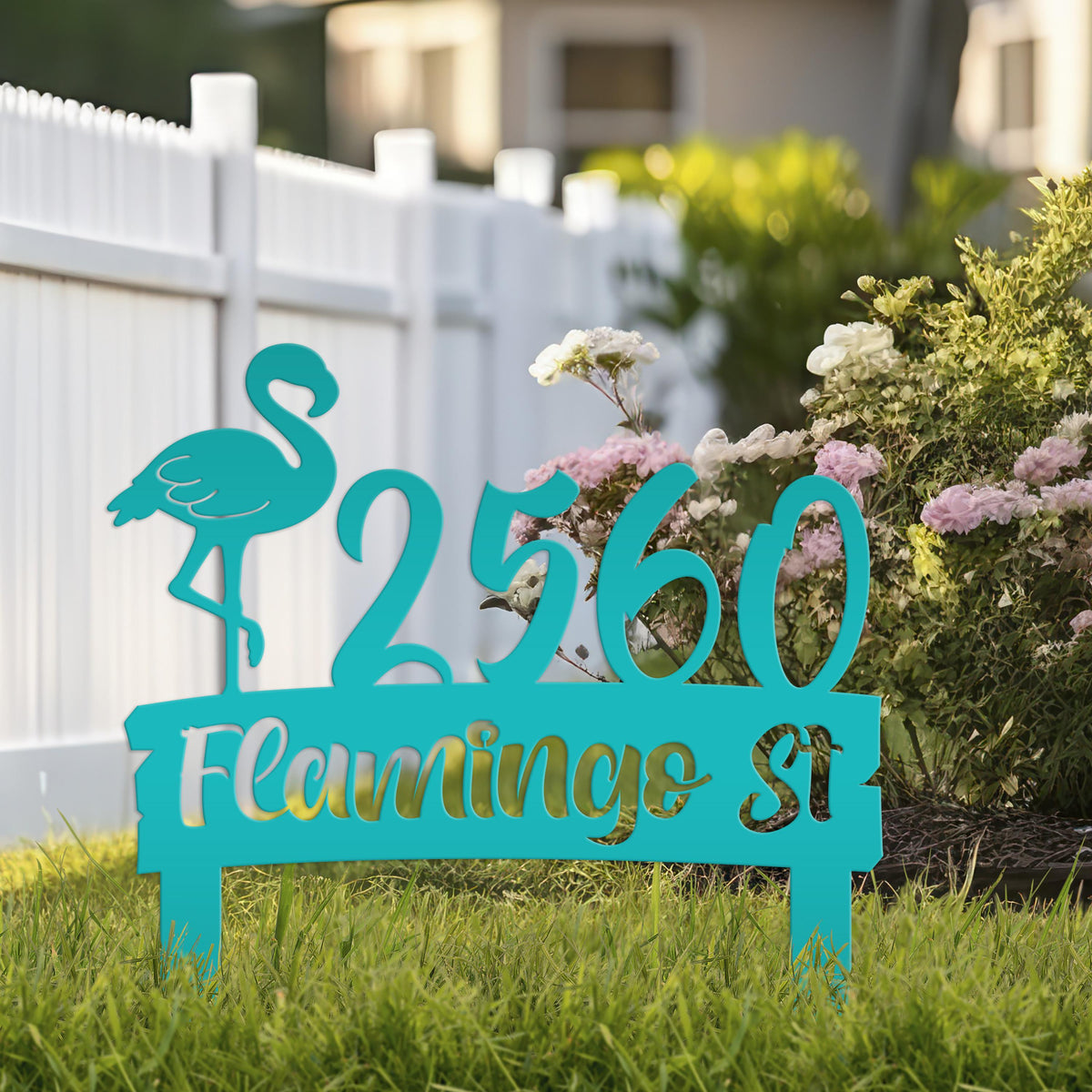 Flamingo Address Sign, Metal Tropical Yard Stake with Street Address and House Numbers, Front Yard Driveway Marker, Housewarming Gift Idea