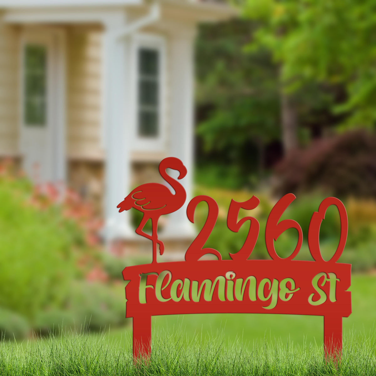 Flamingo Address Sign, Metal Tropical Yard Stake with Street Address and House Numbers, Front Yard Driveway Marker, Housewarming Gift Idea