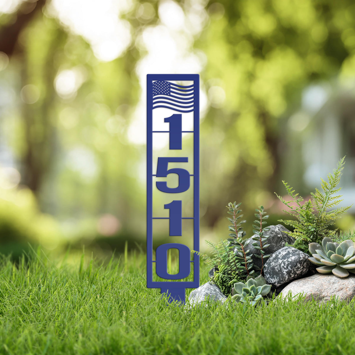 House Numbers Yard Stake, Metal American Flag Address Sign- Patriotic Street Address Lawn Decor,