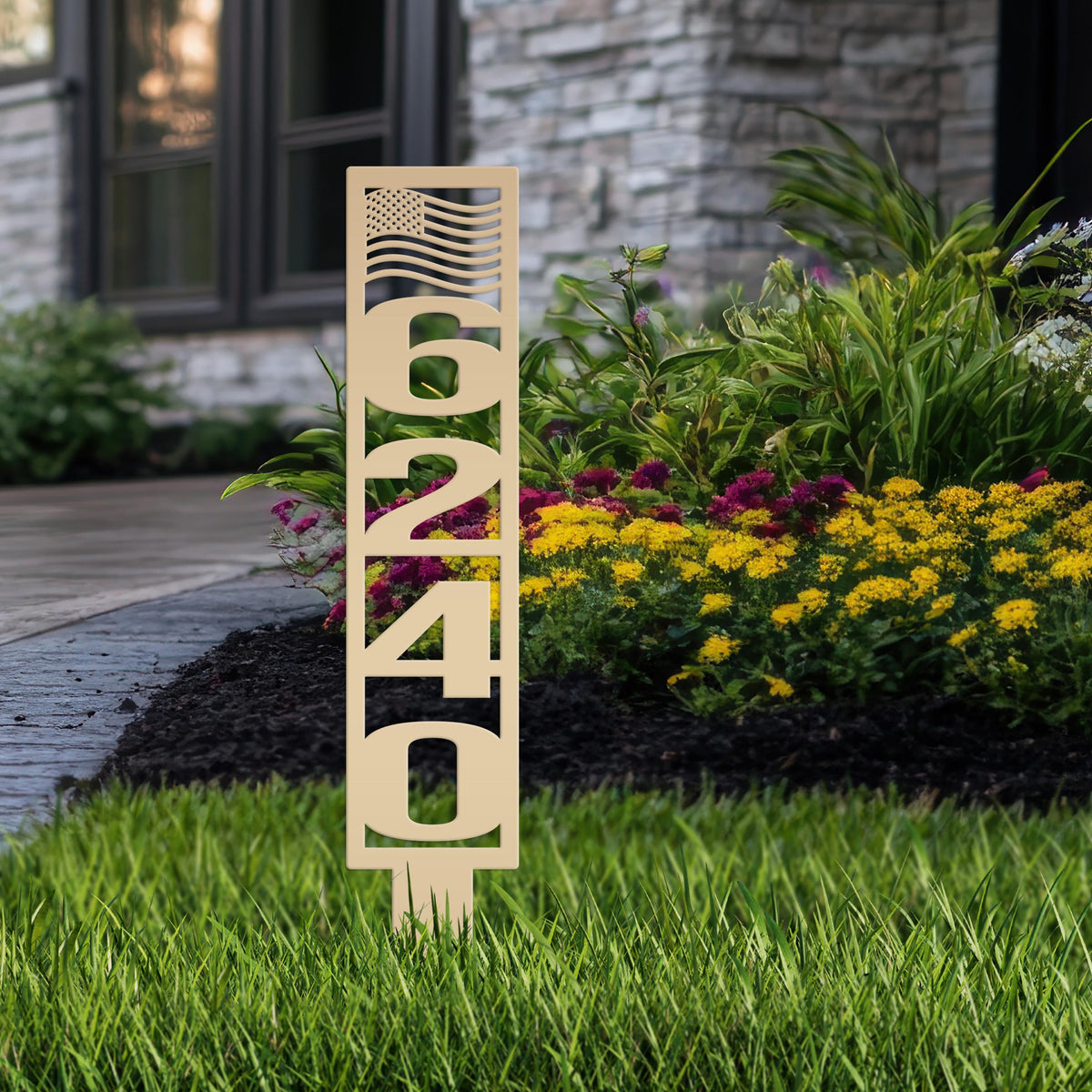 House Numbers Yard Stake, Metal American Flag Address Sign- Patriotic Street Address Lawn Decor,