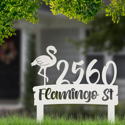 Flamingo Address Sign, Metal Tropical Yard Stake with Street Address and House Numbers, Front Yard Driveway Marker, Housewarming Gift Idea
