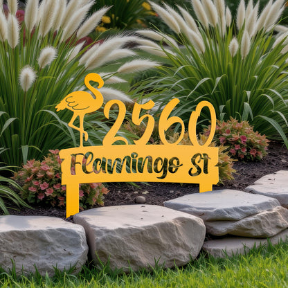 Flamingo Address Sign, Metal Tropical Yard Stake with Street Address and House Numbers, Front Yard Driveway Marker, Housewarming Gift Idea