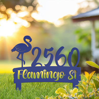 Flamingo Address Sign, Metal Tropical Yard Stake with Street Address and House Numbers, Front Yard Driveway Marker, Housewarming Gift Idea