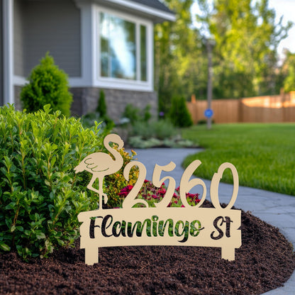 Flamingo Address Sign, Metal Tropical Yard Stake with Street Address and House Numbers, Front Yard Driveway Marker, Housewarming Gift Idea