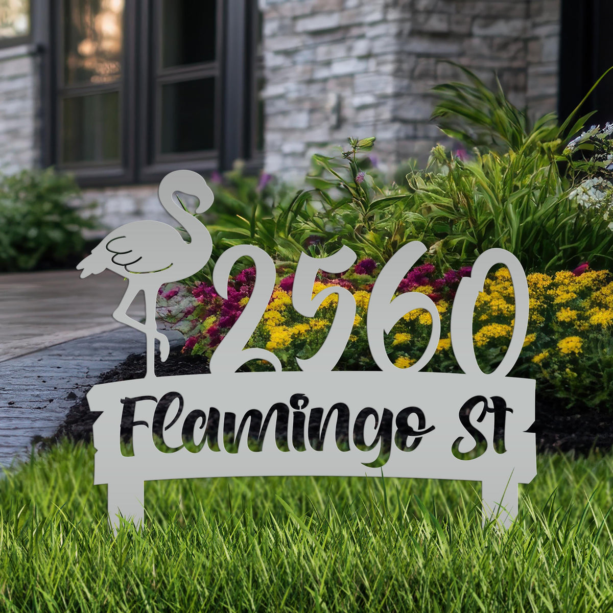 Flamingo Address Sign, Metal Tropical Yard Stake with Street Address and House Numbers, Front Yard Driveway Marker, Housewarming Gift Idea