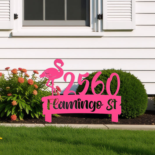 Flamingo Address Sign, Metal Tropical Yard Stake with Street Address and House Numbers, Front Yard Driveway Marker, Housewarming Gift Idea